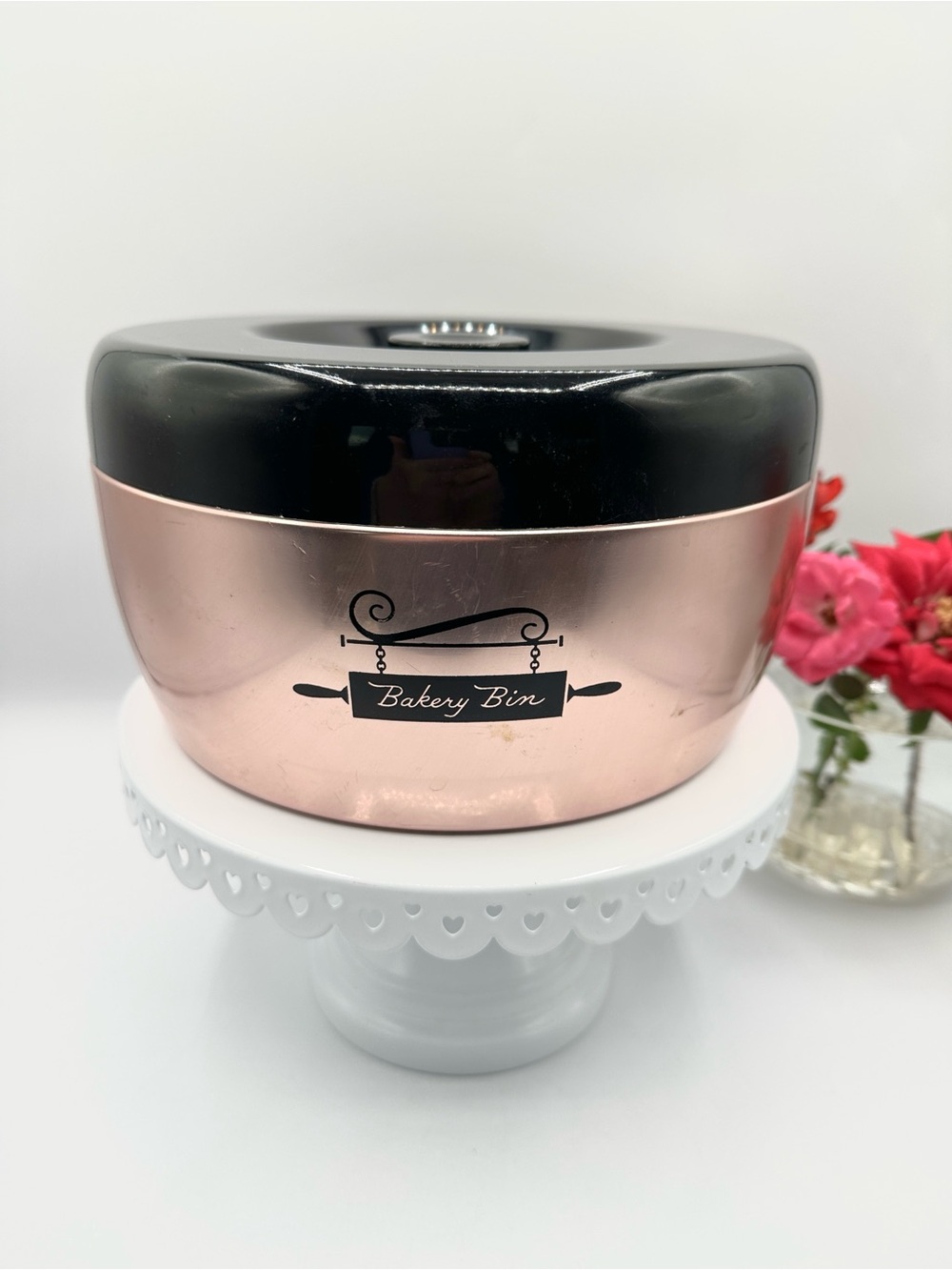 West Bend Rose Gold Bakery Bin with Black Metal Lid. MCM 50s